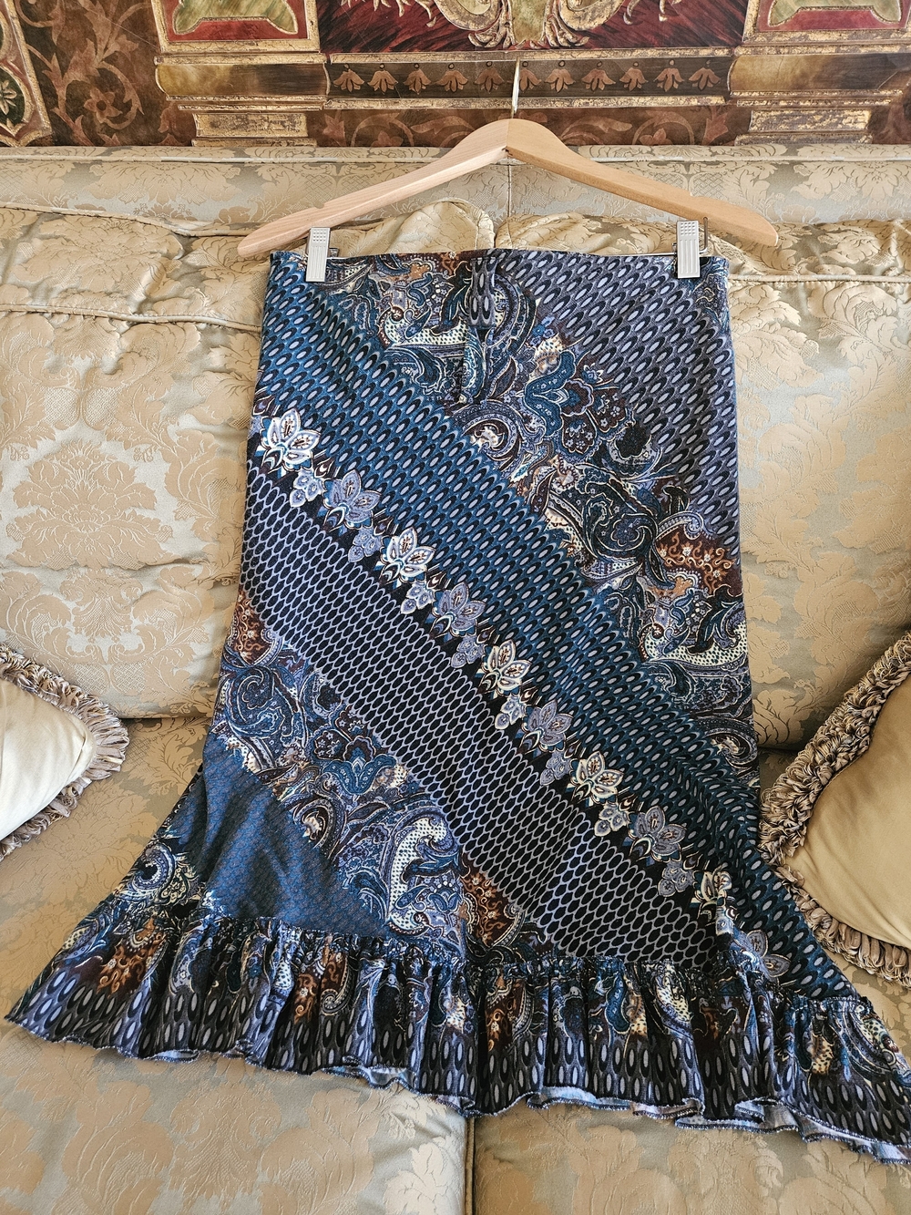 NWOT Azara Vintage  Paisley Ruffle-Hem Midi Skirt in Teal Blue